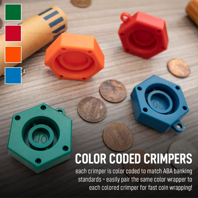 Nadex 48 Assorted Preformed Crimped End Coin Roll Wrappers with Color Coded Coin Wrapper Crimping Tool (Patent Pending), 12 Each of Nickels, Dimes, Pennies and Quarters - Image 3